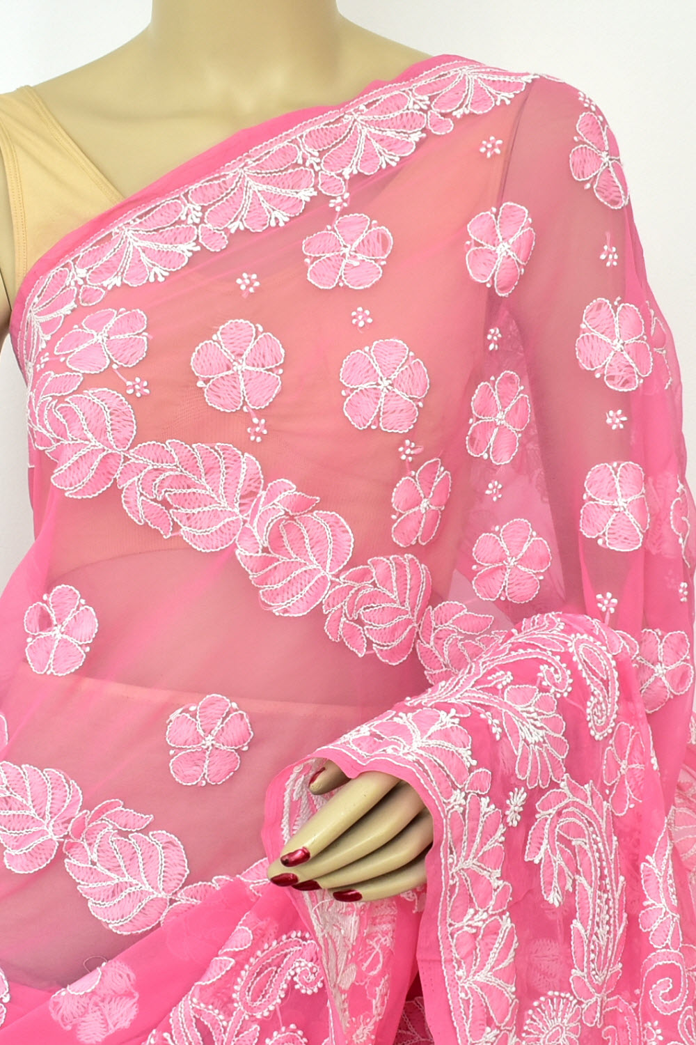Peach Hand-Embroidered Lucknowi Chikankari Georgette Saree with Blouse