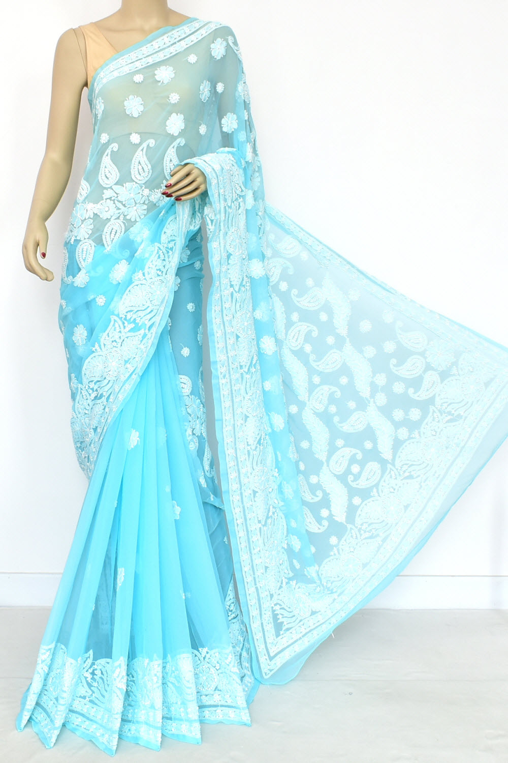 Sky Blue Hand-Embroidered Lucknowi Chikankari Georgette Saree with Blouse Skirt Border Rich Pallu 15112