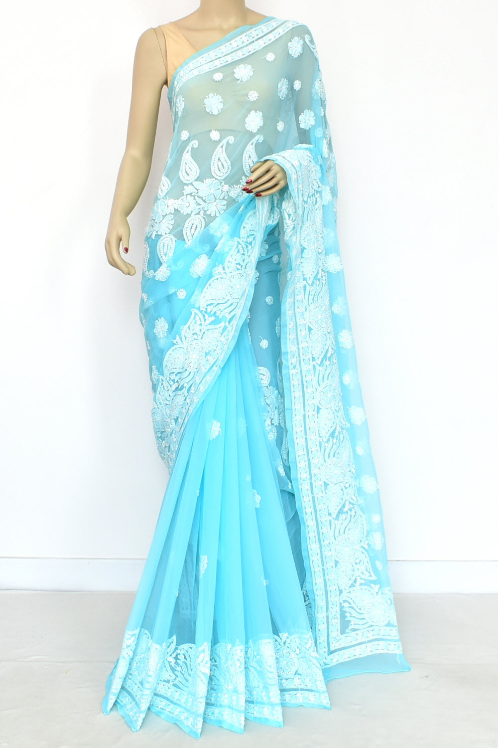 Sky Blue Hand-Embroidered Lucknowi Chikankari Georgette Saree with Blouse Skirt Border Rich Pallu 15112