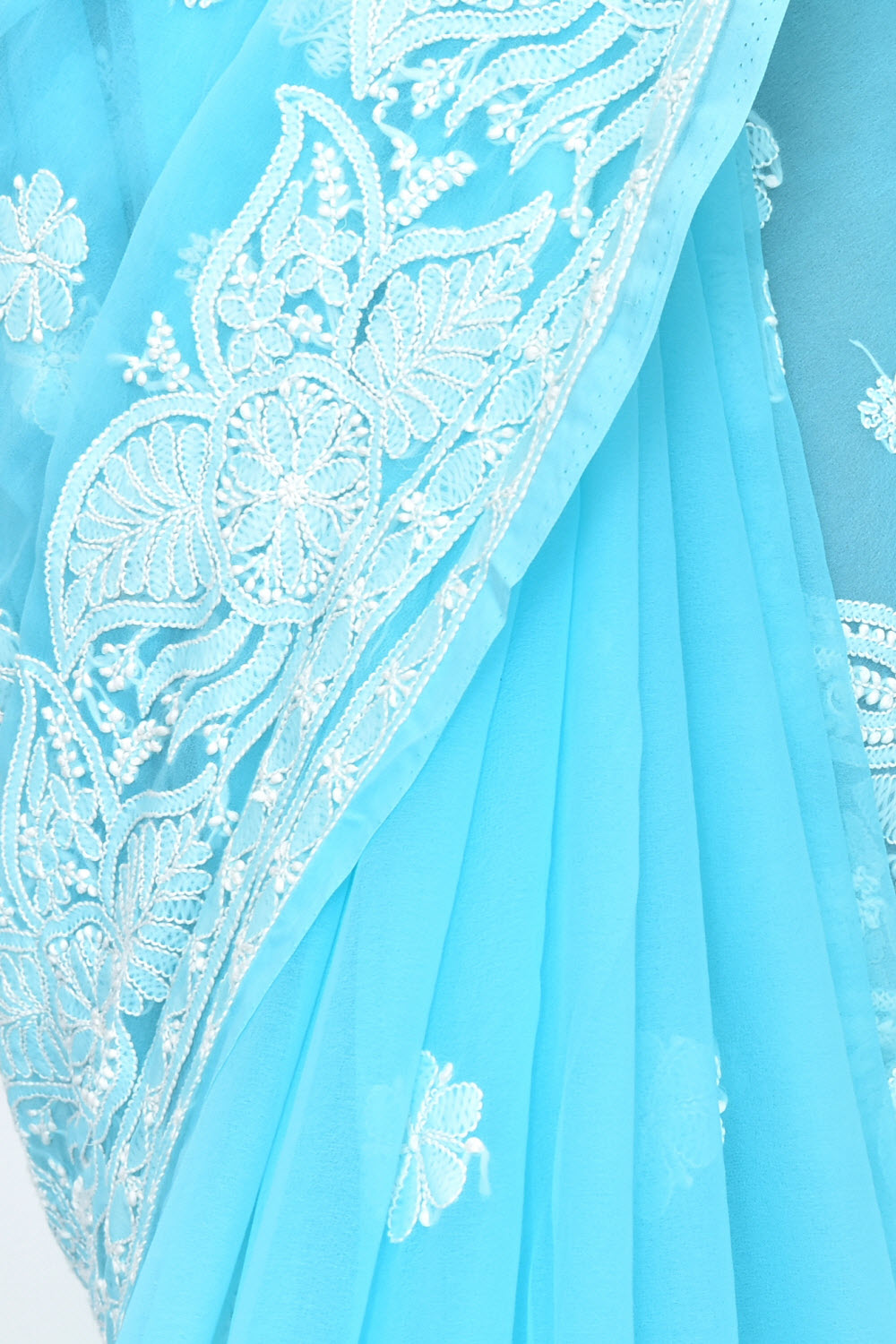 Sky Blue Hand-Embroidered Lucknowi Chikankari Georgette Saree with Blouse Skirt Border Rich Pallu 15112