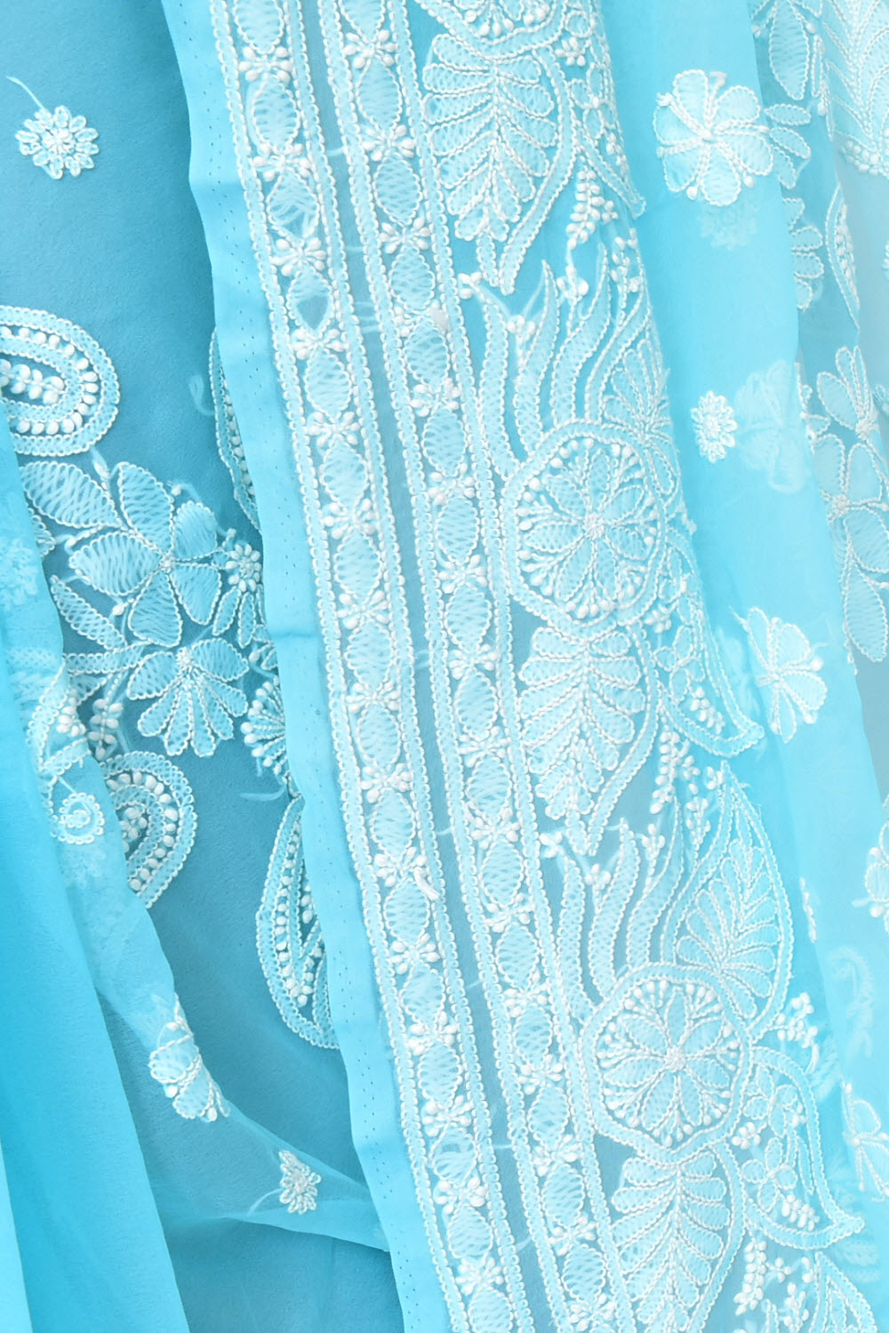 Sky Blue Hand-Embroidered Lucknowi Chikankari Georgette Saree with Blouse Skirt Border Rich Pallu 15112