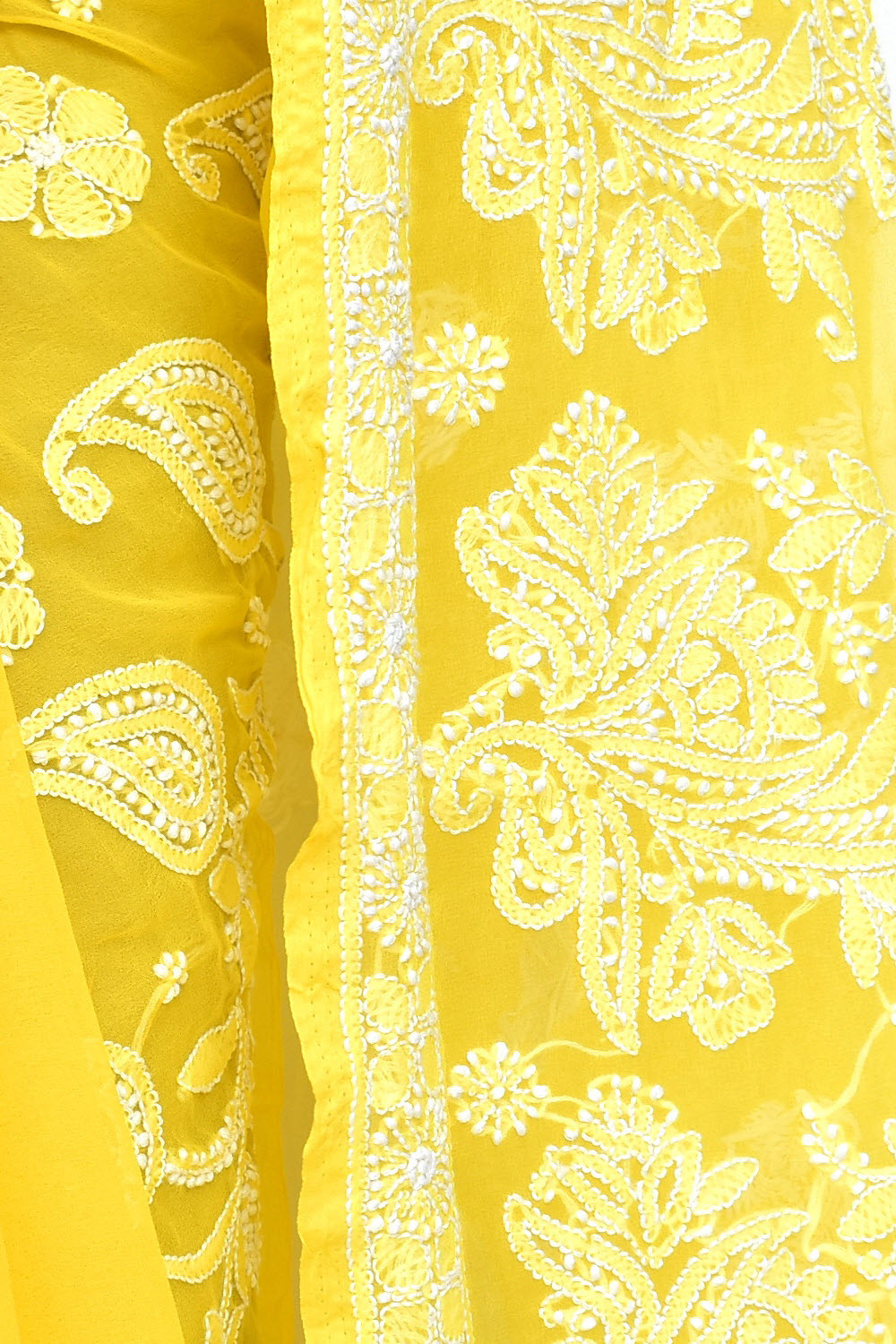 Mango Yellow Hand-Embroidered Lucknowi Chikankari Georgette Saree with Blouse 15116