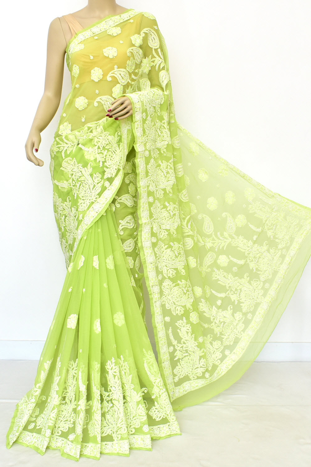 Lemon Green Hand-Embroidered Lucknowi Chikankari Georgette Saree with Blouse