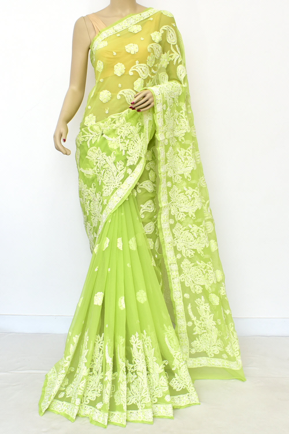 Lemon Green Hand-Embroidered Lucknowi Chikankari Georgette Saree with Blouse