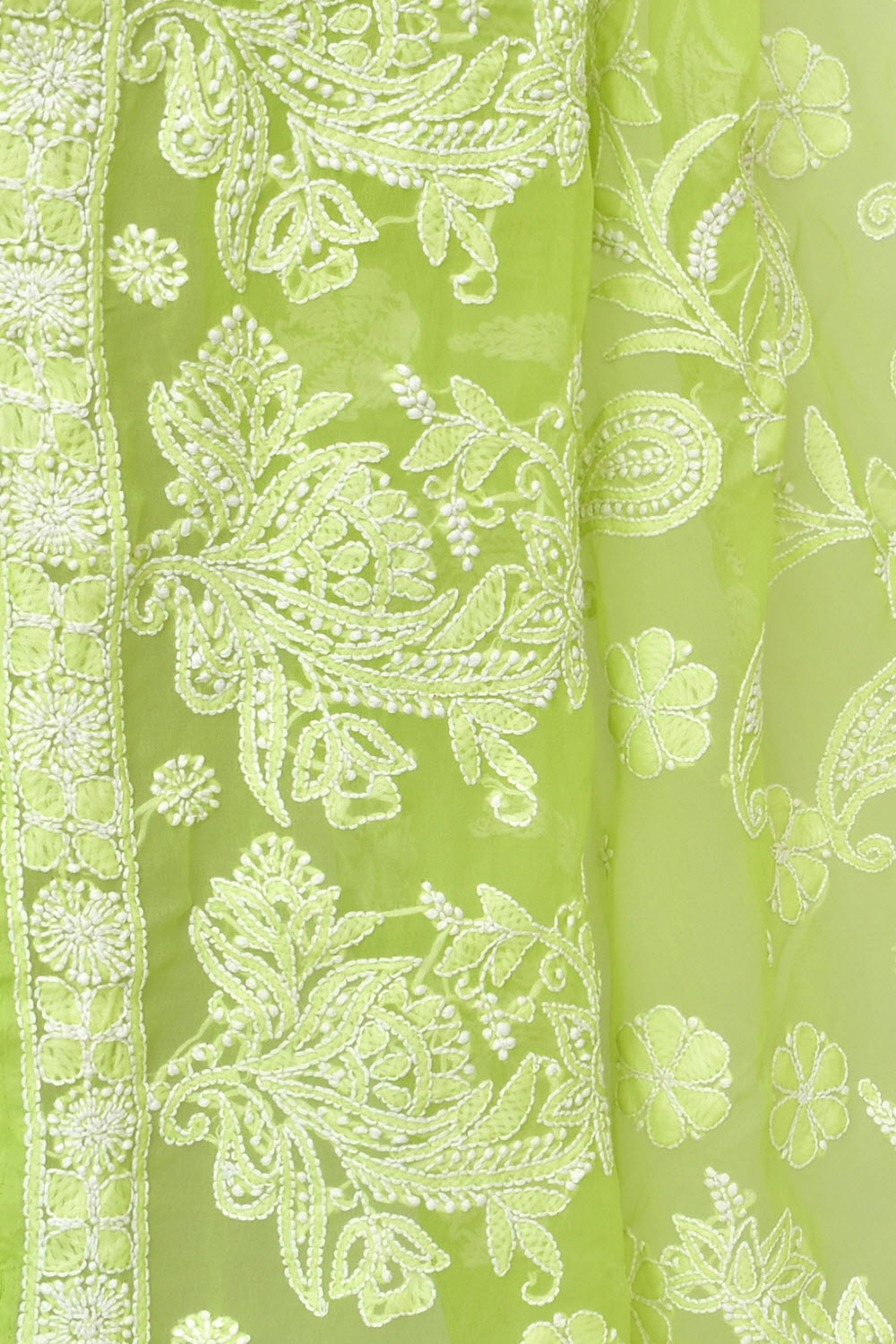 Lemon Green Hand-Embroidered Lucknowi Chikankari Georgette Saree with Blouse