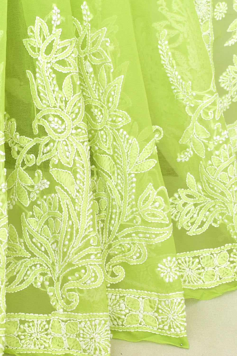 Lemon Green Hand-Embroidered Lucknowi Chikankari Georgette Saree with Blouse