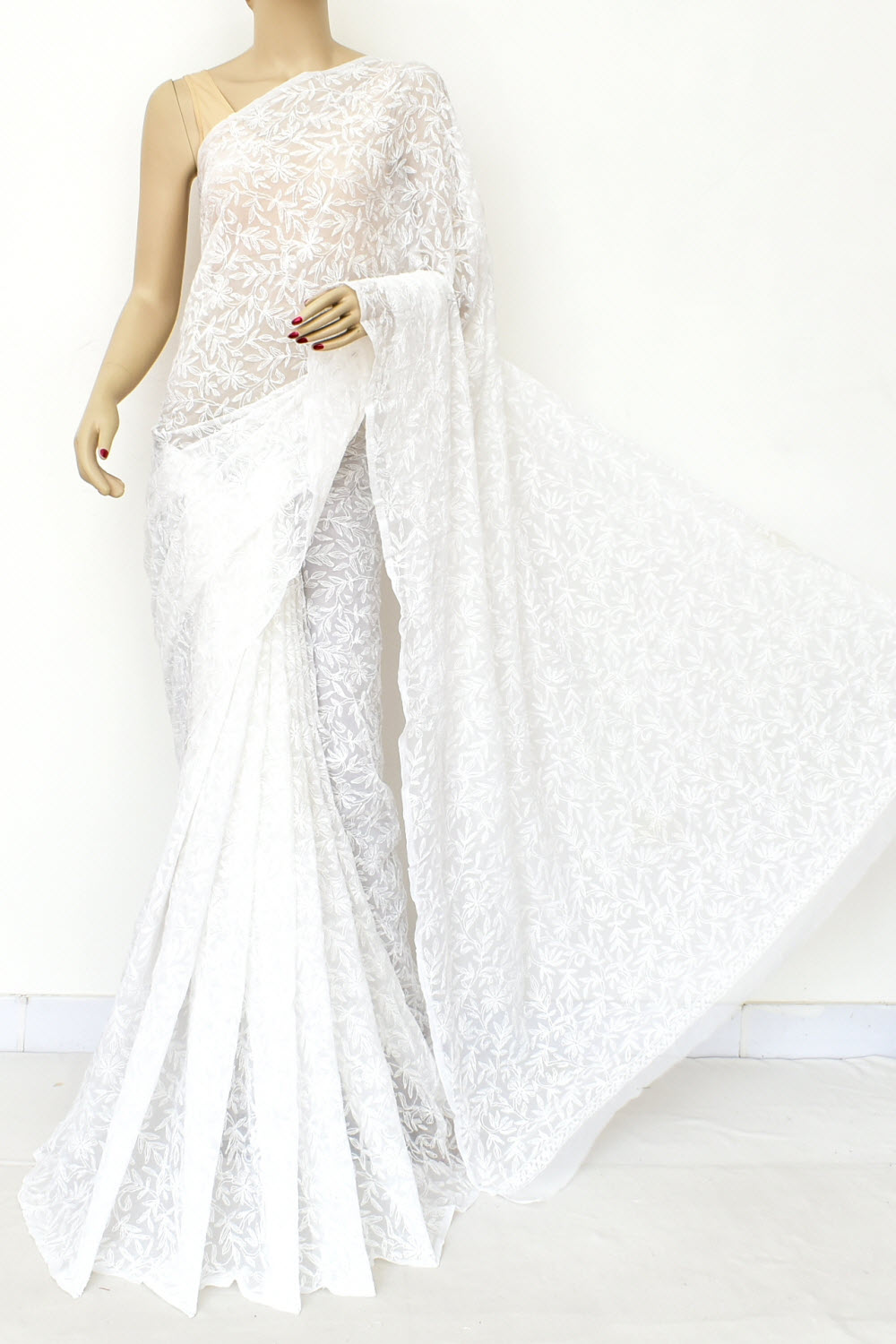 White Hand-Embroidered Allover Tepchi work Lucknowi Chikankari Georgette Saree with Blouse