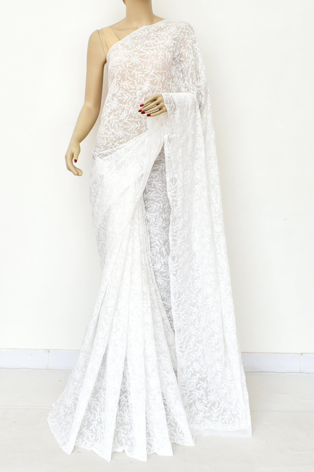 White Hand-Embroidered Allover Tepchi work Lucknowi Chikankari Georgette Saree with Blouse