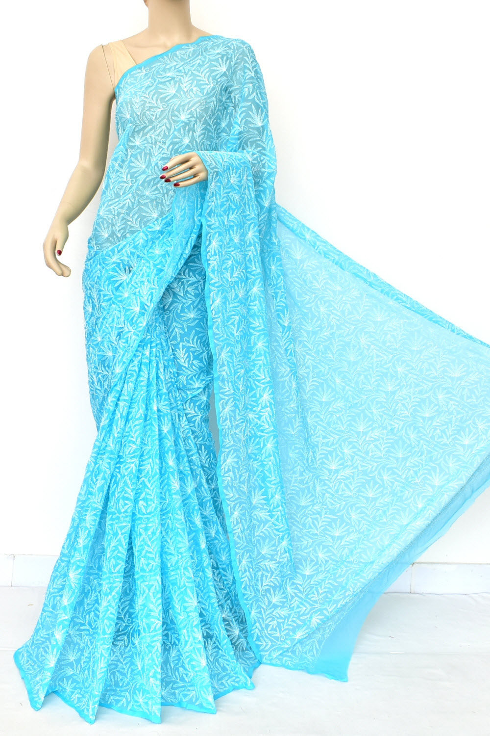 Pherozi Blue Hand-Embroidered Allover Tepchi work Lucknowi Chikankari Georgette Saree with Blouse