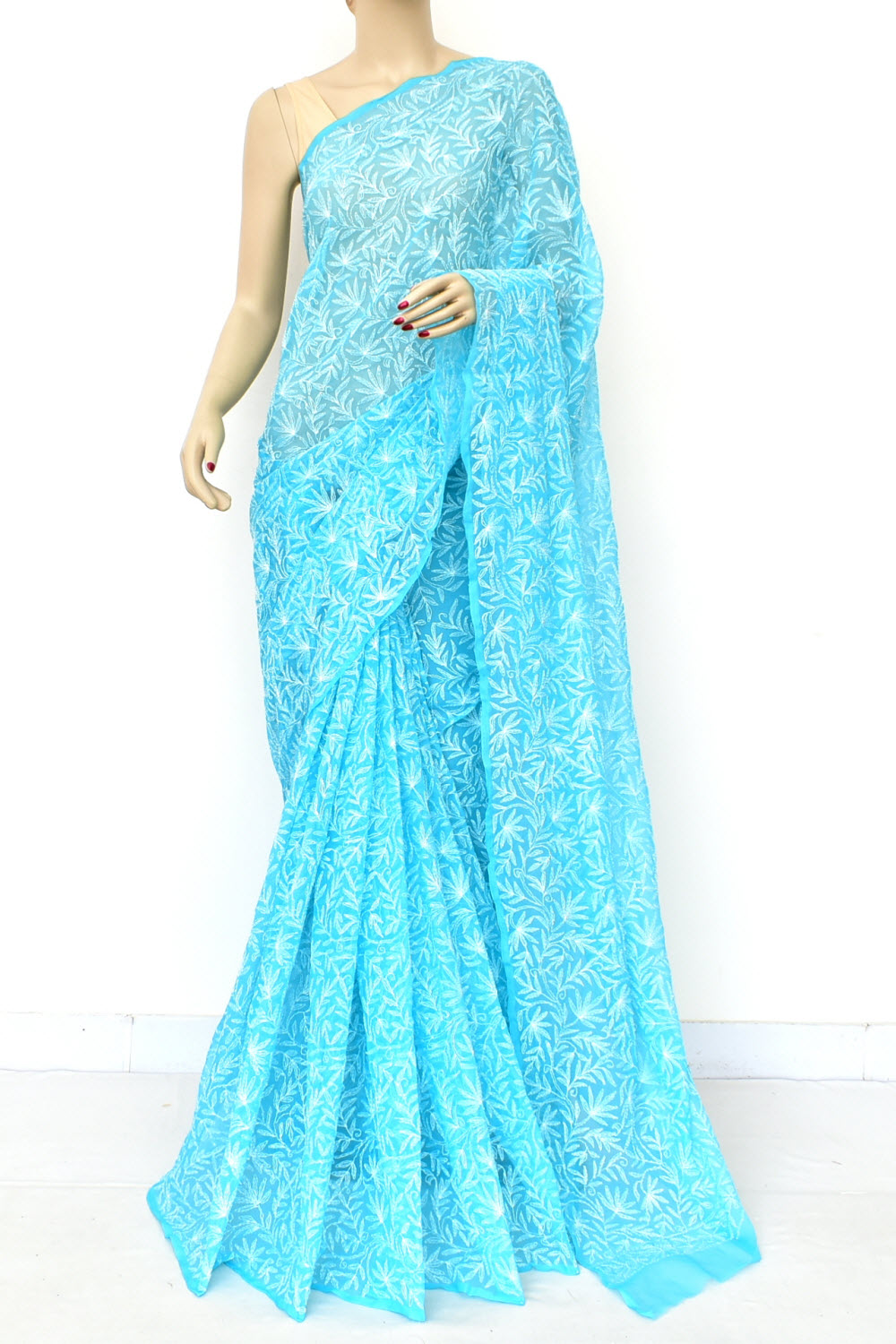 Pherozi Blue Hand-Embroidered Allover Tepchi work Lucknowi Chikankari Georgette Saree with Blouse
