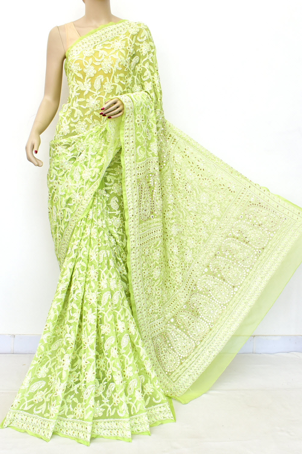 Lemon Green Allover Hand-Embroidered Lucknowi Chikankari Georgette Saree with Blouse embellished with Gota Patti