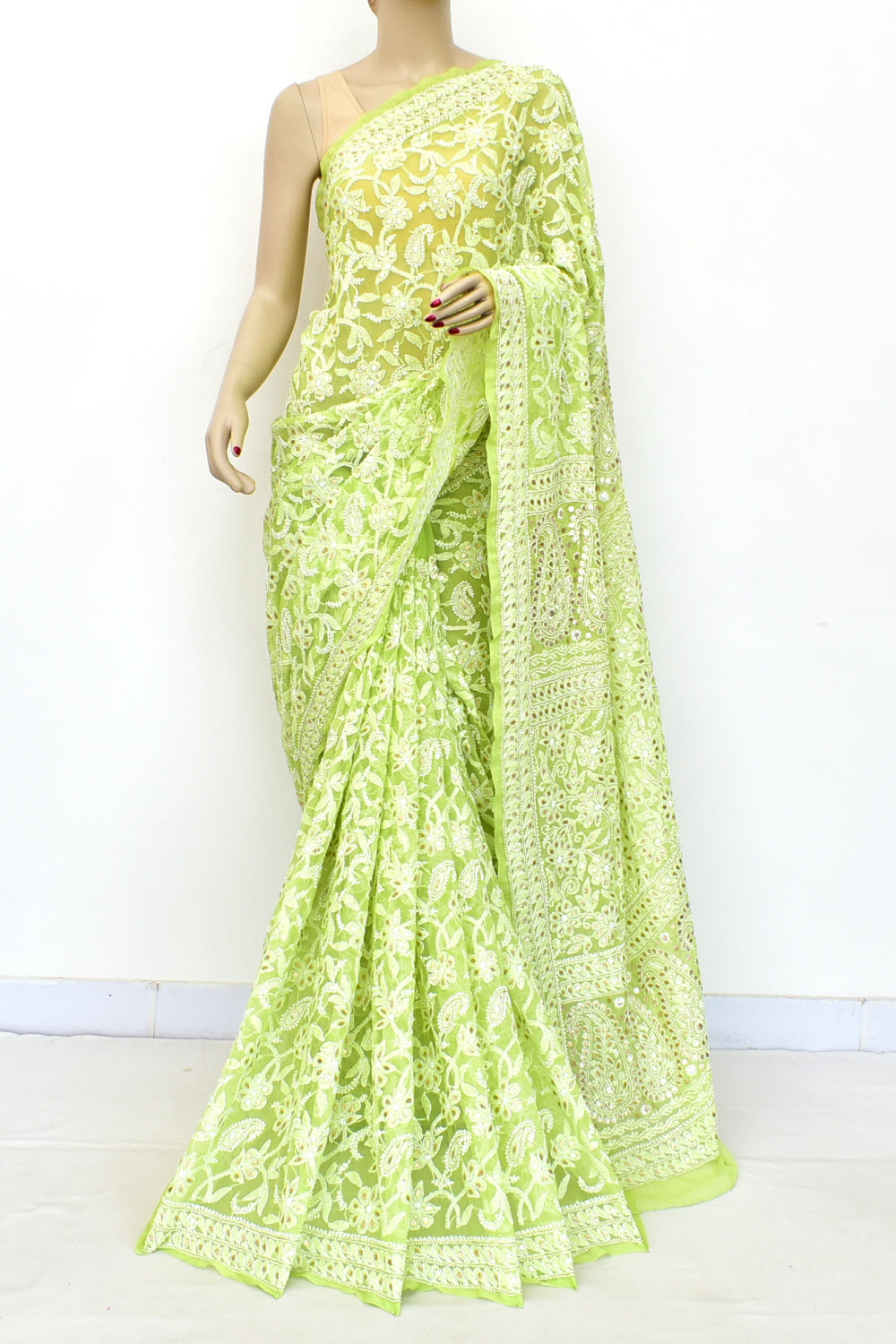 Lemon Green Allover Hand-Embroidered Lucknowi Chikankari Georgette Saree with Blouse embellished with Gota Patti