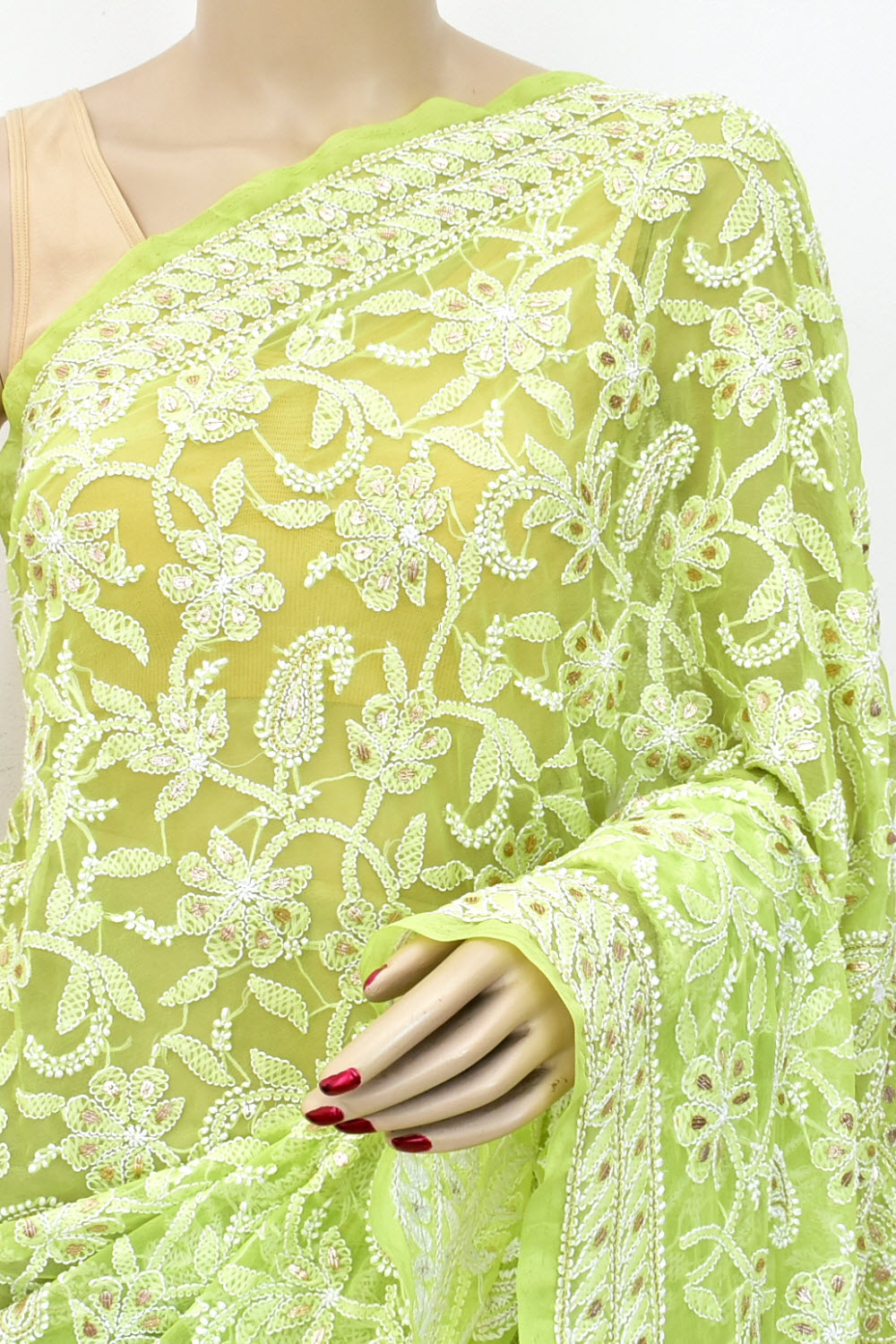 Lemon Green Allover Hand-Embroidered Lucknowi Chikankari Georgette Saree with Blouse embellished with Gota Patti