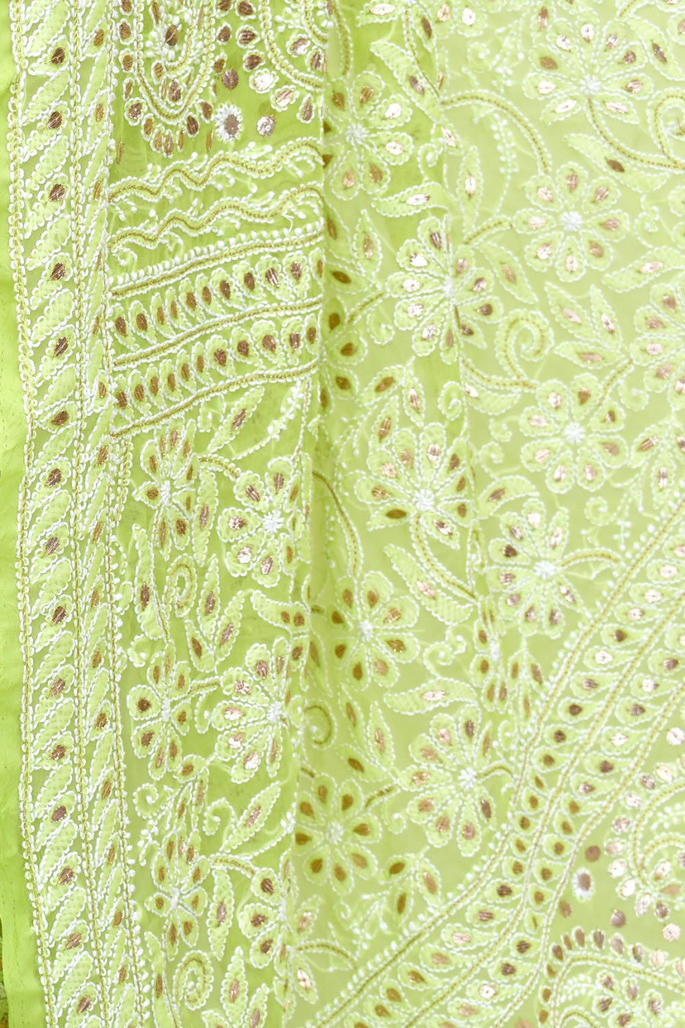 Lemon Green Allover Hand-Embroidered Lucknowi Chikankari Georgette Saree with Blouse embellished with Gota Patti