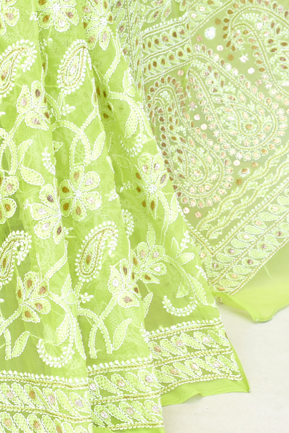 Lemon Green Allover Hand-Embroidered Lucknowi Chikankari Georgette Saree with Blouse embellished with Gota Patti