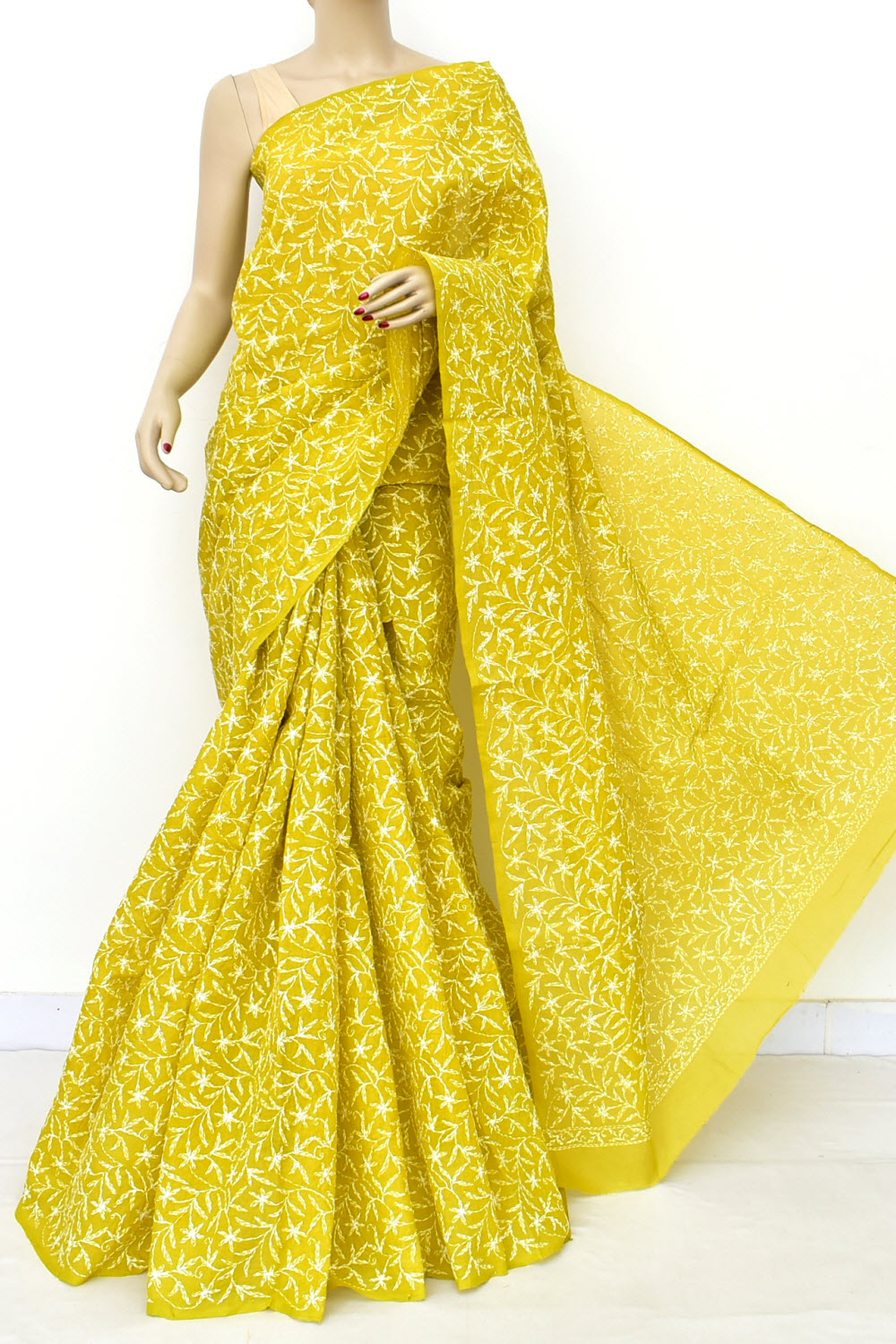 Mustard Yellow Hand-Embroidered Allover Tepchi work Lucknowi Chikankari Cotton Saree with Blouse