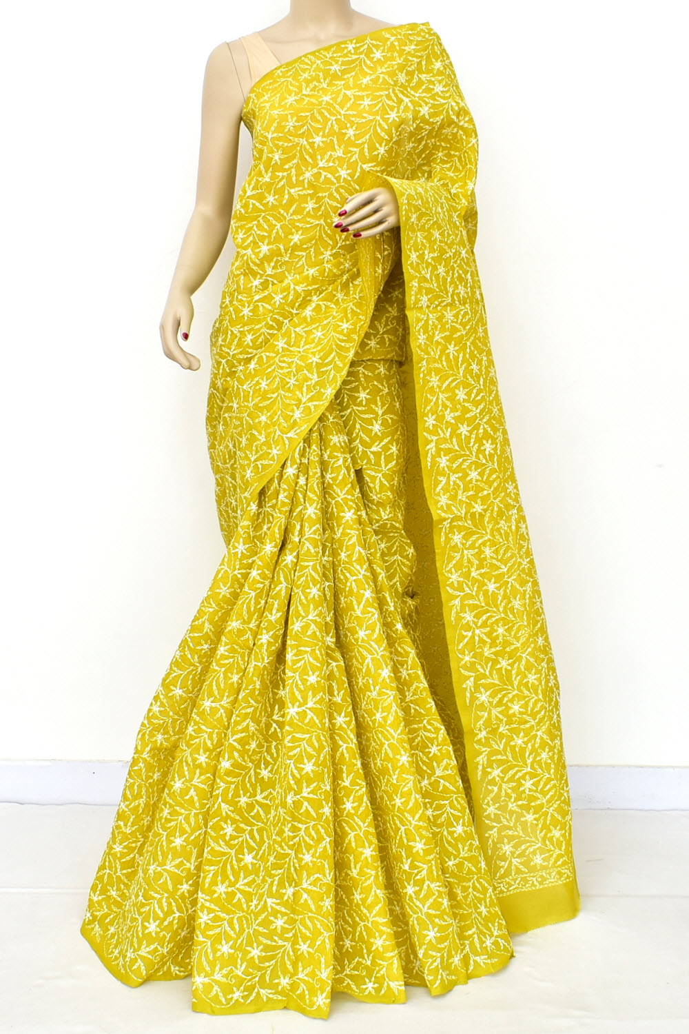 Mustard Yellow Hand-Embroidered Allover Tepchi work Lucknowi Chikankari Cotton Saree with Blouse
