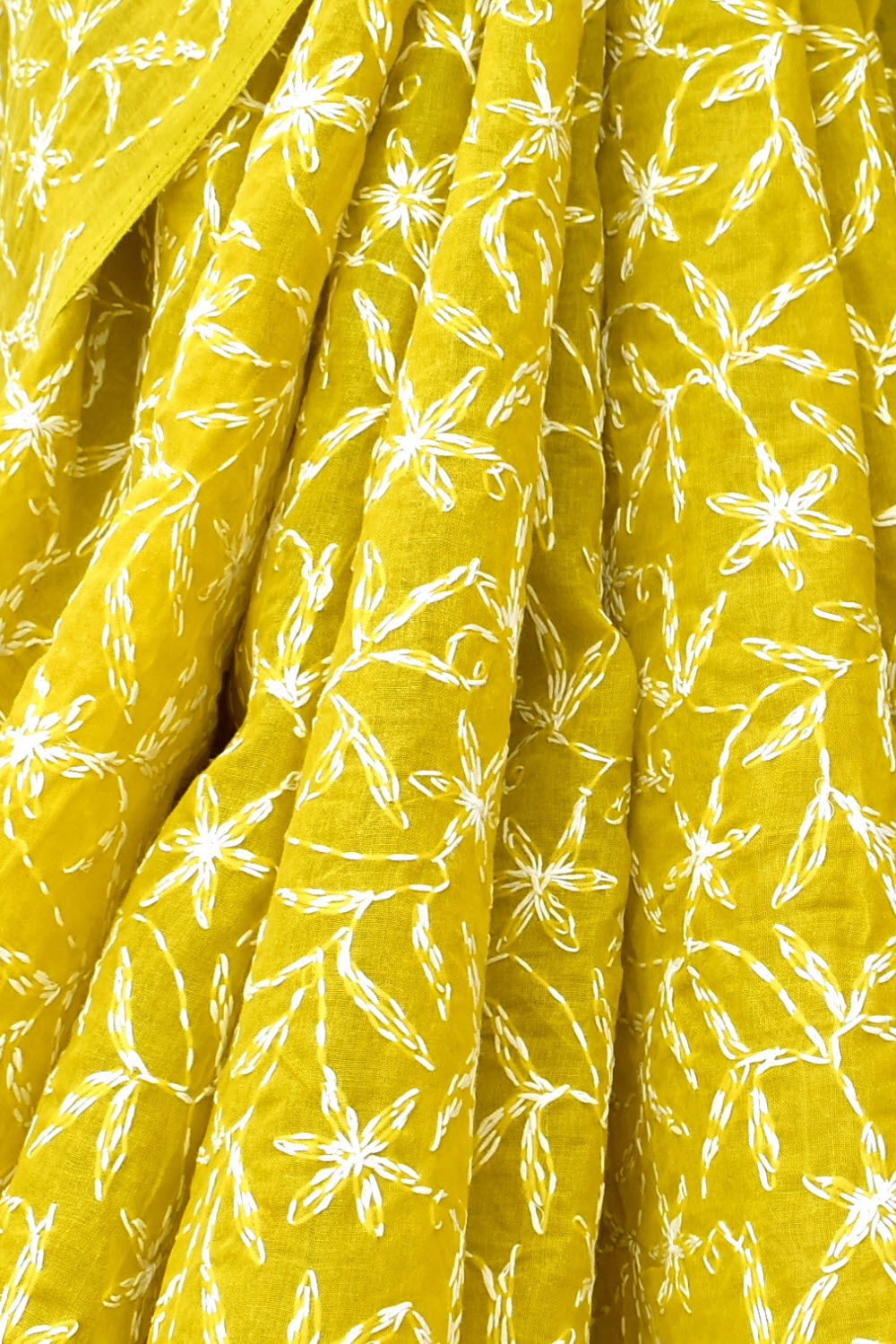 Mustard Yellow Hand-Embroidered Allover Tepchi work Lucknowi Chikankari Cotton Saree with Blouse