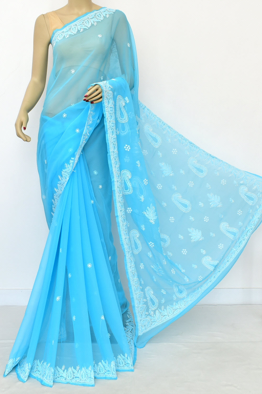 Pherozi Blue Hand-Embroidered Lucknowi Chikankari Georgette Saree with Blouse