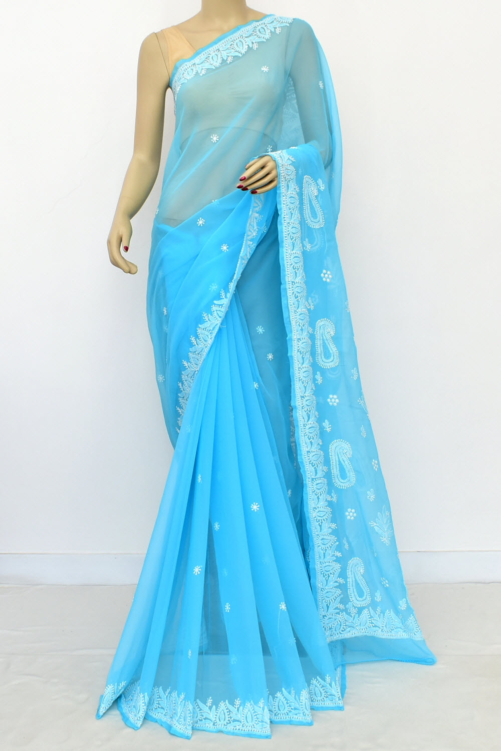 Pherozi Blue Hand-Embroidered Lucknowi Chikankari Georgette Saree with Blouse