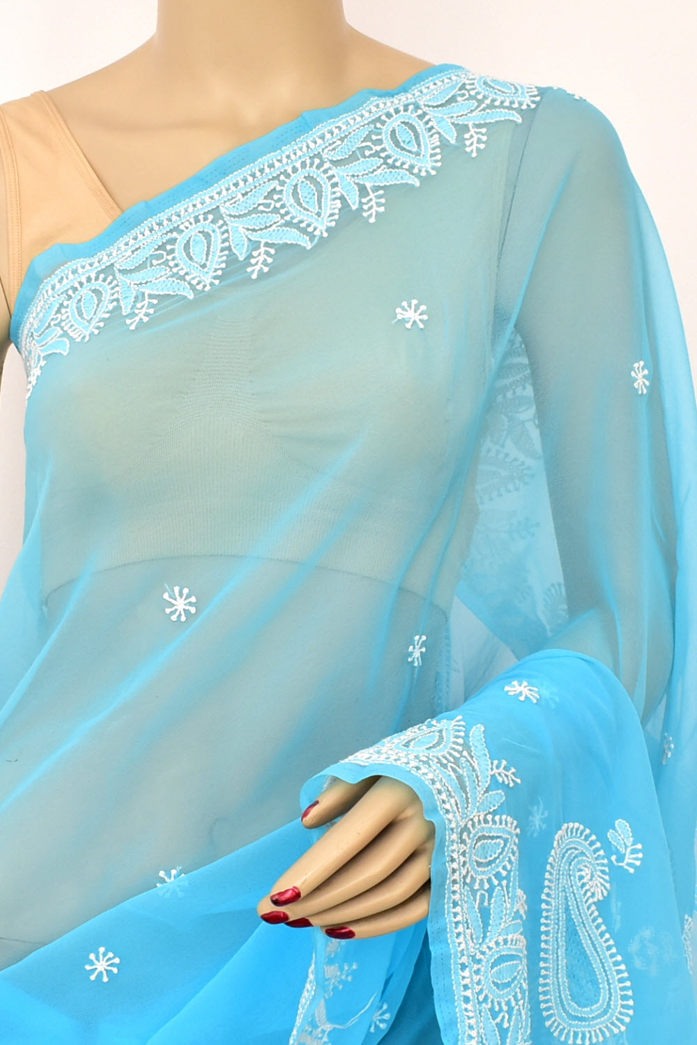 Pherozi Blue Hand-Embroidered Lucknowi Chikankari Georgette Saree with Blouse