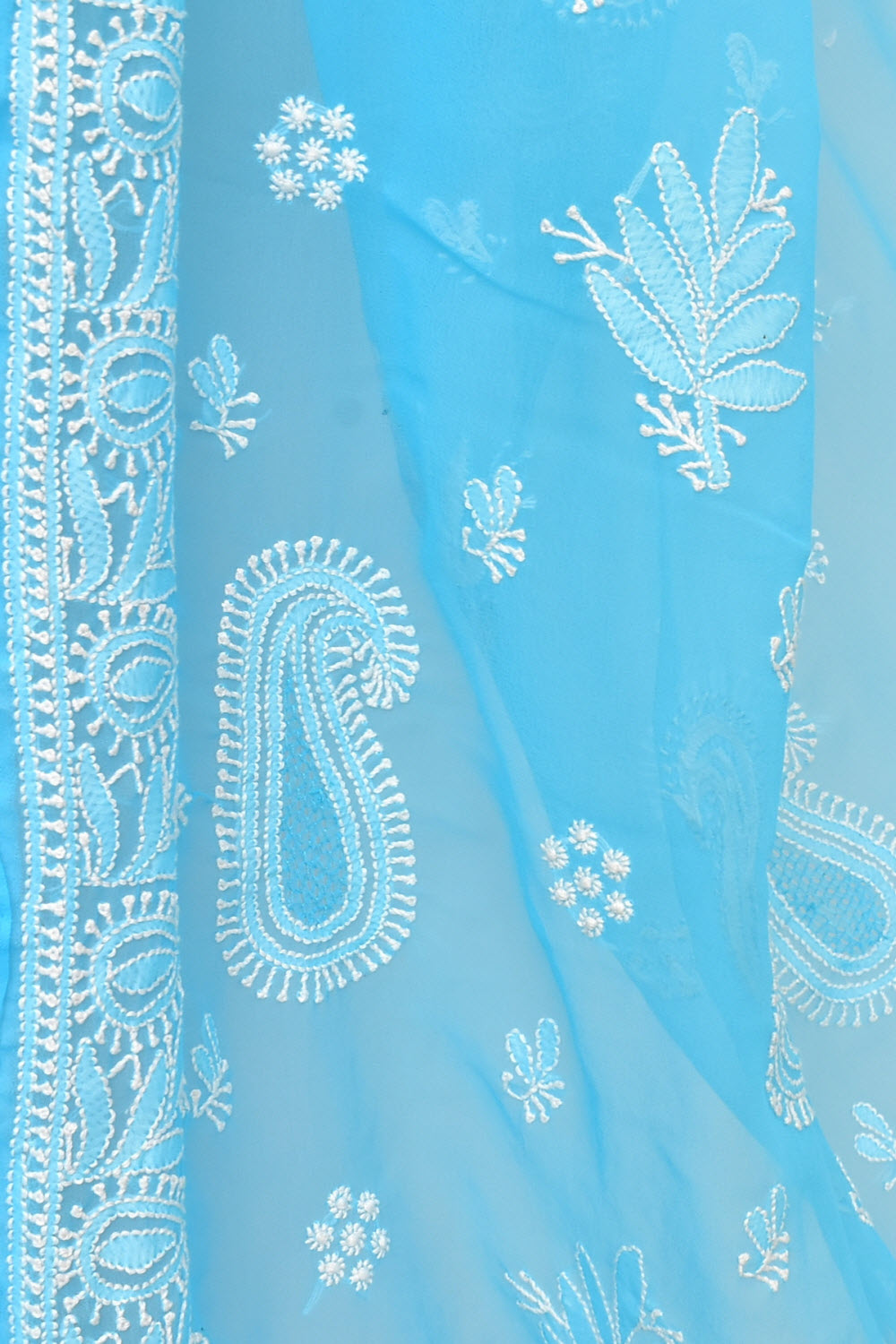 Pherozi Blue Hand-Embroidered Lucknowi Chikankari Georgette Saree with Blouse