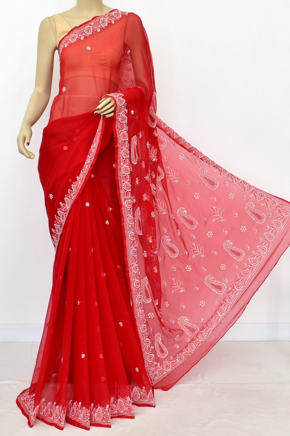 Red Hand-Embroidered Lucknowi Chikankari Georgette Saree with Blouse