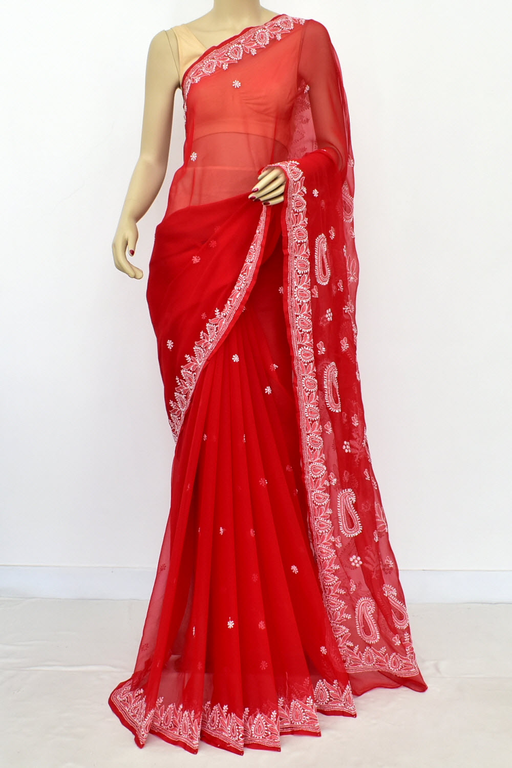 Red Hand-Embroidered Lucknowi Chikankari Georgette Saree with Blouse