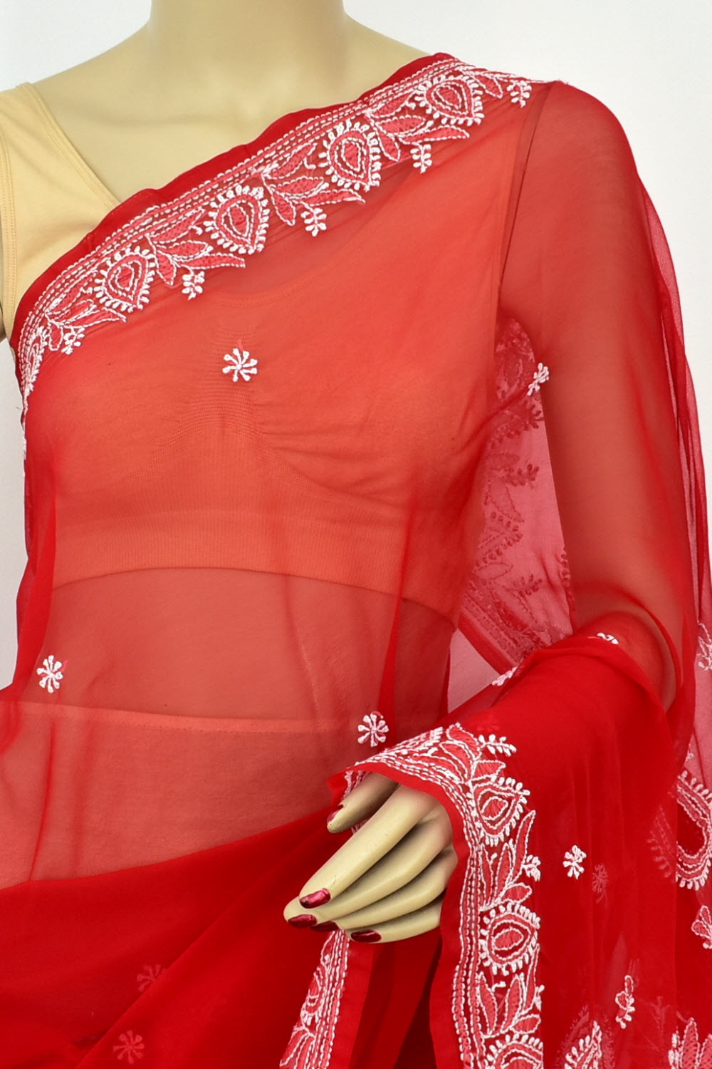 Red Hand-Embroidered Lucknowi Chikankari Georgette Saree with Blouse