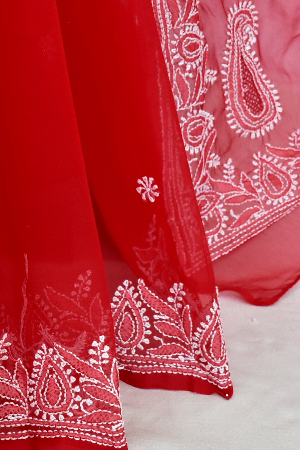 Red Hand-Embroidered Lucknowi Chikankari Georgette Saree with Blouse