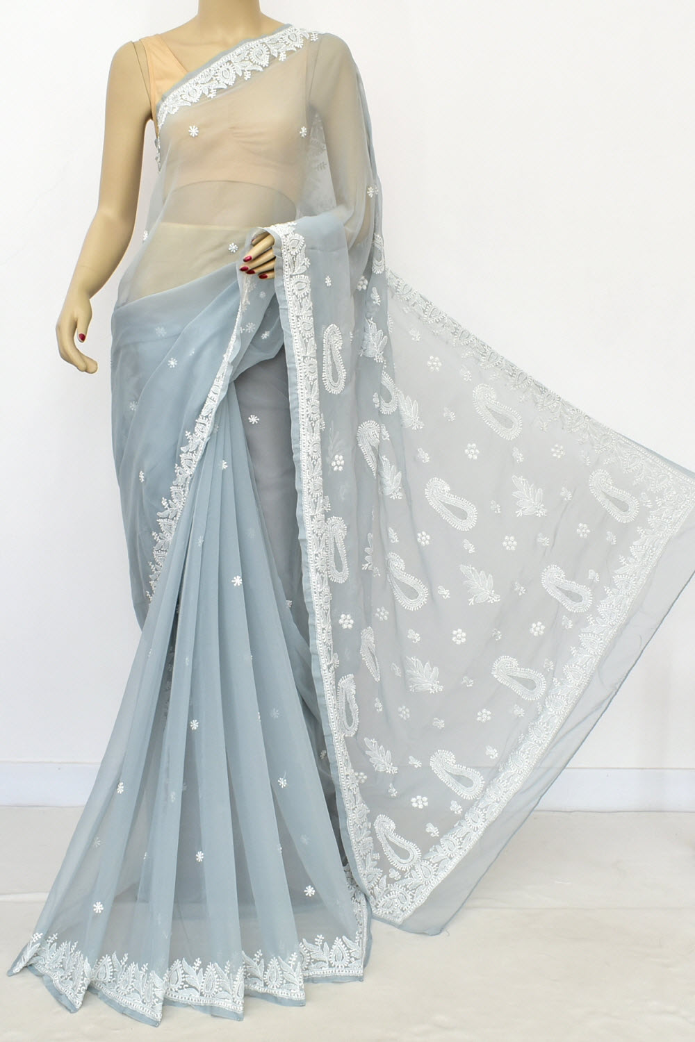 Grey Hand-Embroidered Lucknowi Chikankari Georgette Saree with Blouse