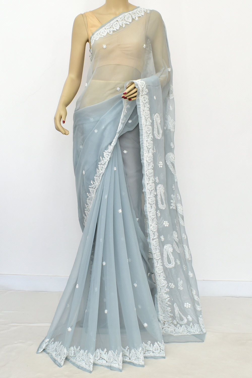 Grey Hand-Embroidered Lucknowi Chikankari Georgette Saree with Blouse