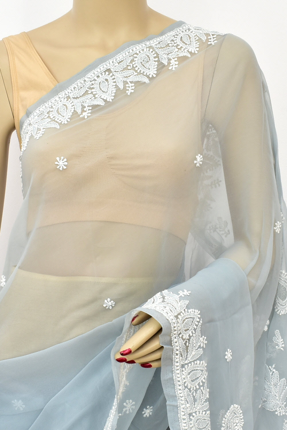 Grey Hand-Embroidered Lucknowi Chikankari Georgette Saree with Blouse