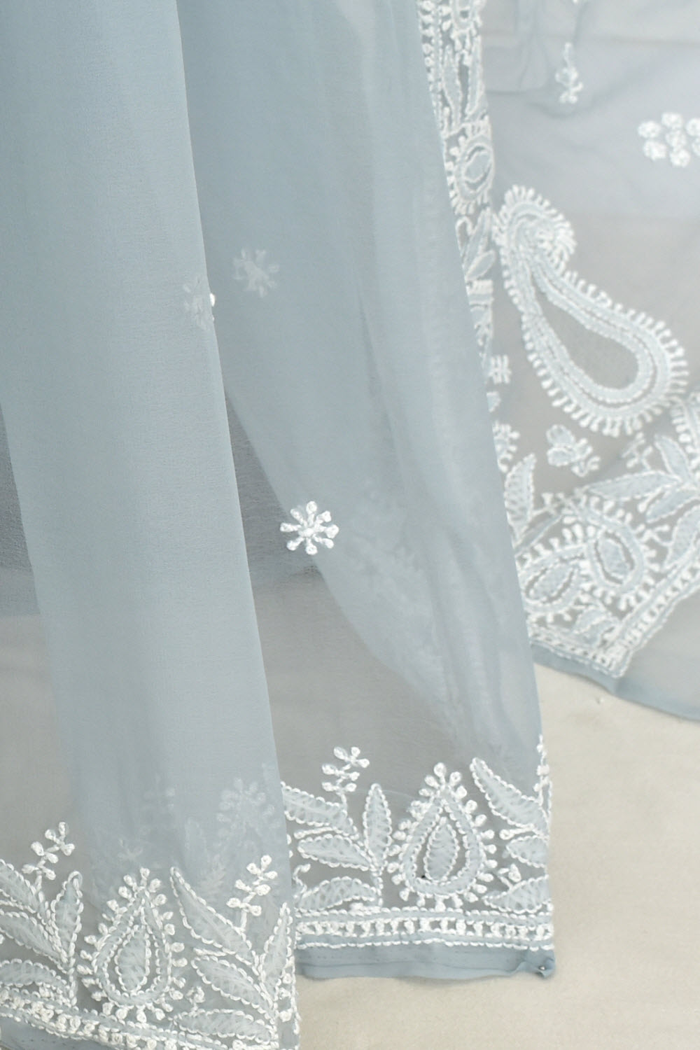 Grey Hand-Embroidered Lucknowi Chikankari Georgette Saree with Blouse
