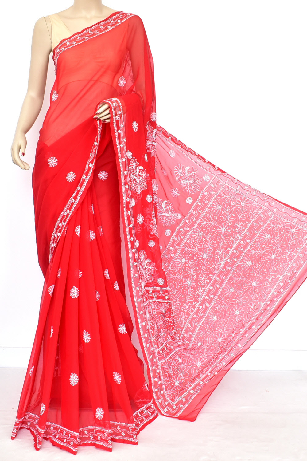Red Hand-Embroidered Lucknowi Chikankari Georgette Saree with Blouse 15154