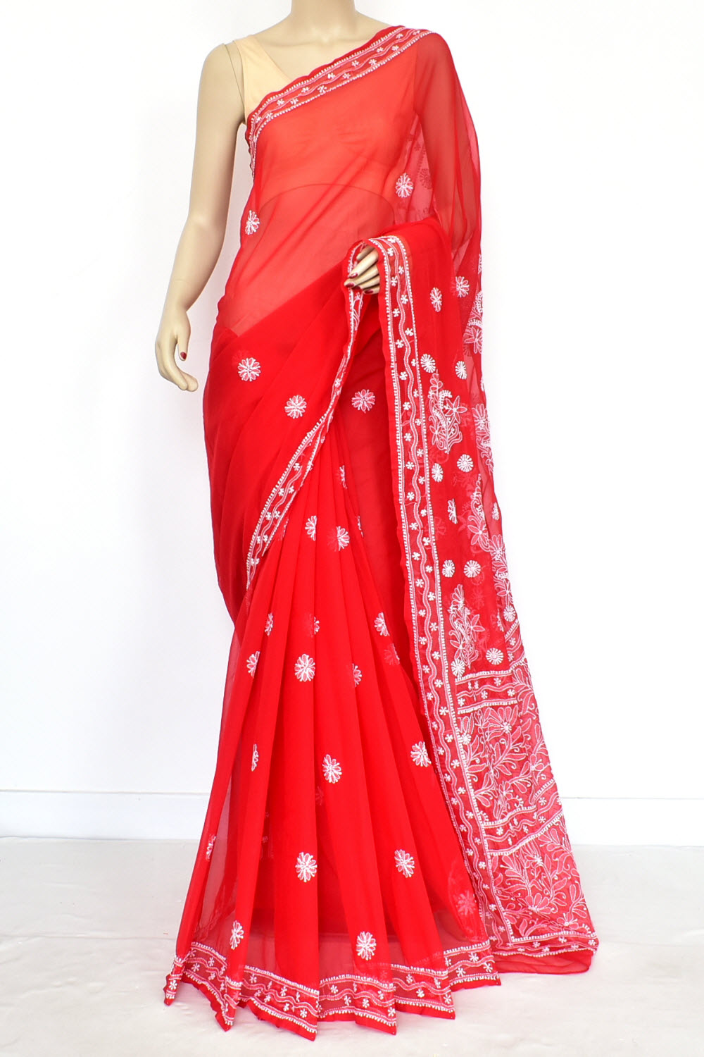Red Hand-Embroidered Lucknowi Chikankari Georgette Saree with Blouse 15154