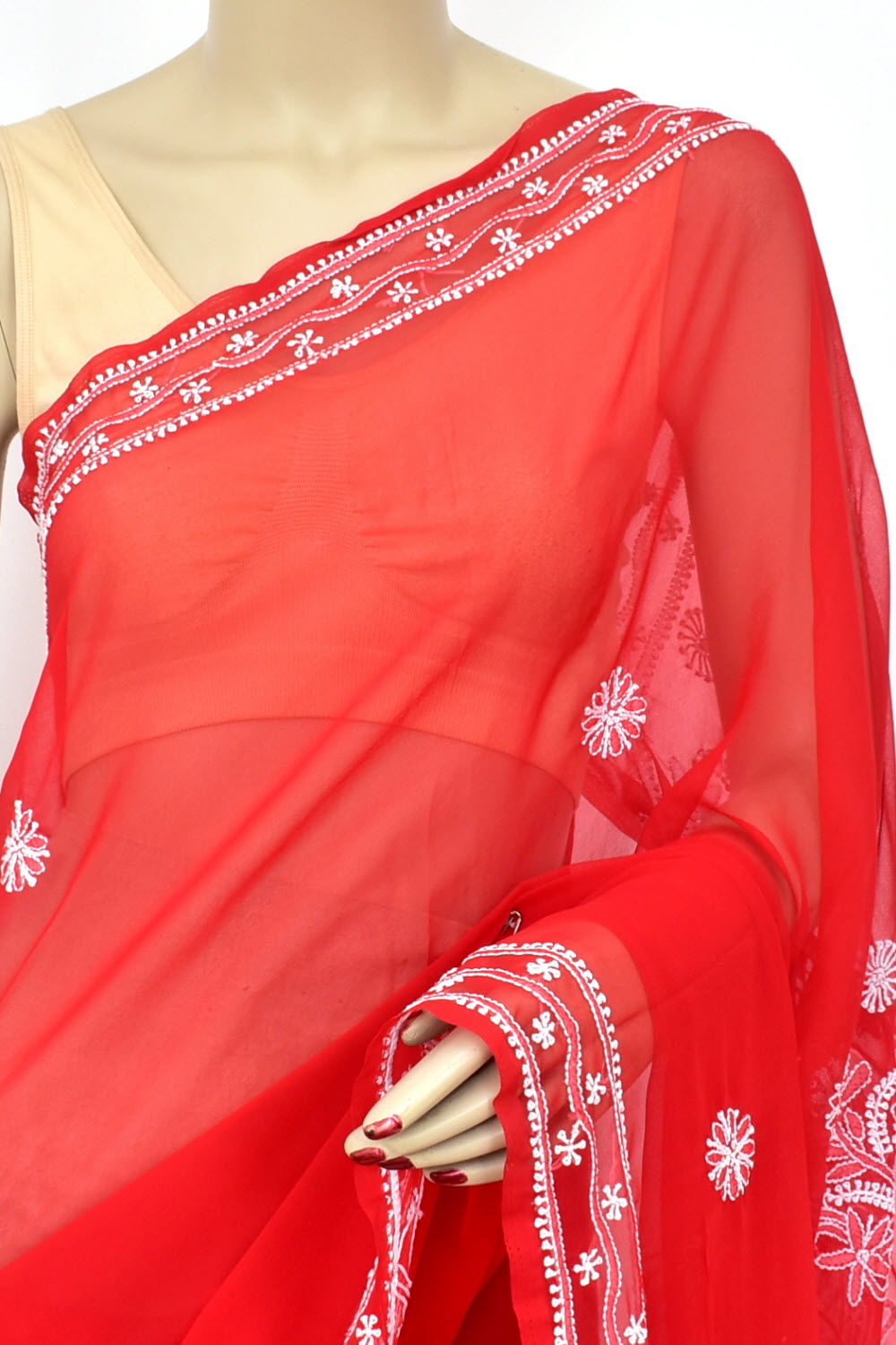 Red Hand-Embroidered Lucknowi Chikankari Georgette Saree with Blouse 15154