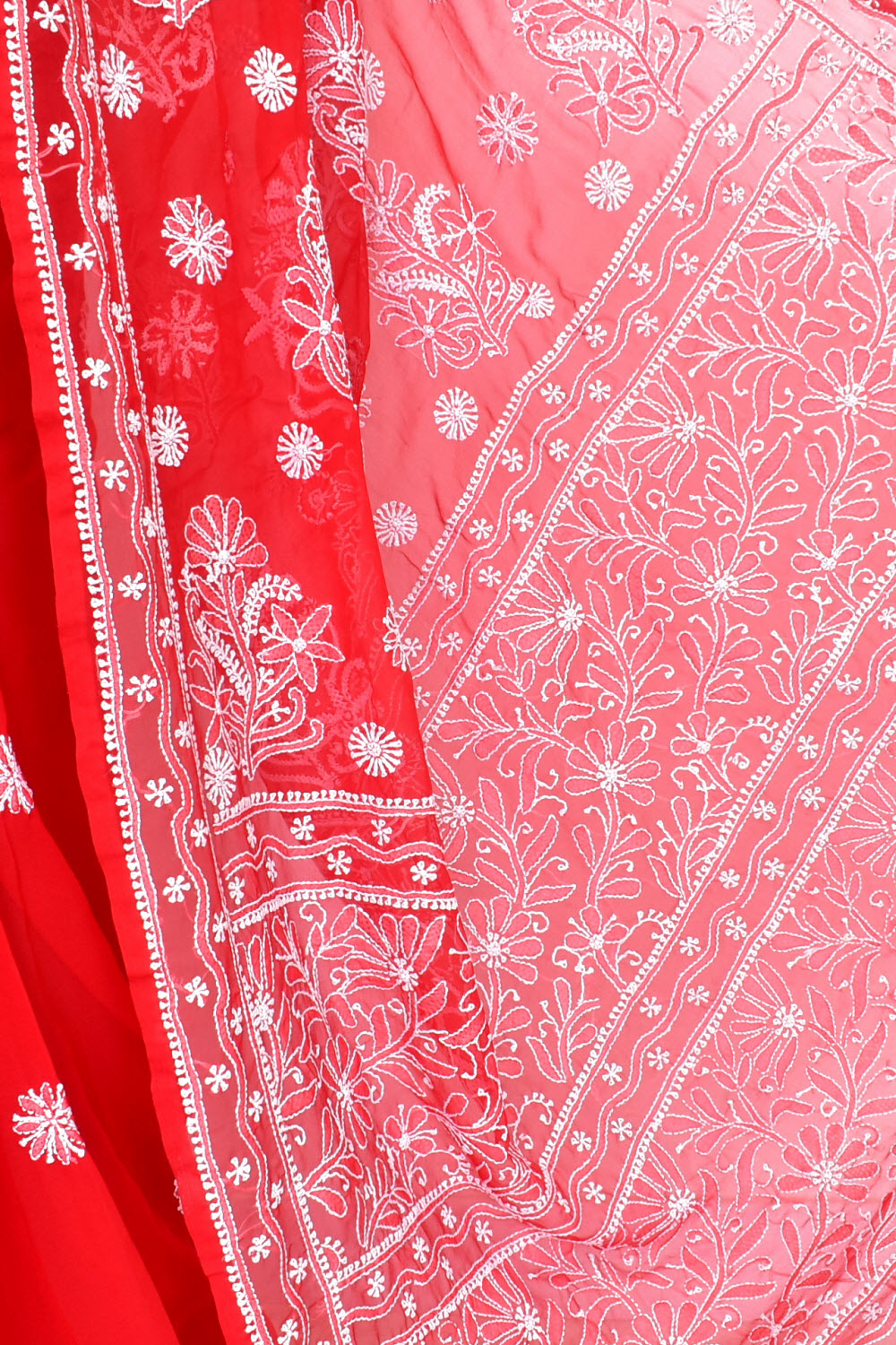 Red Hand-Embroidered Lucknowi Chikankari Georgette Saree with Blouse 15154