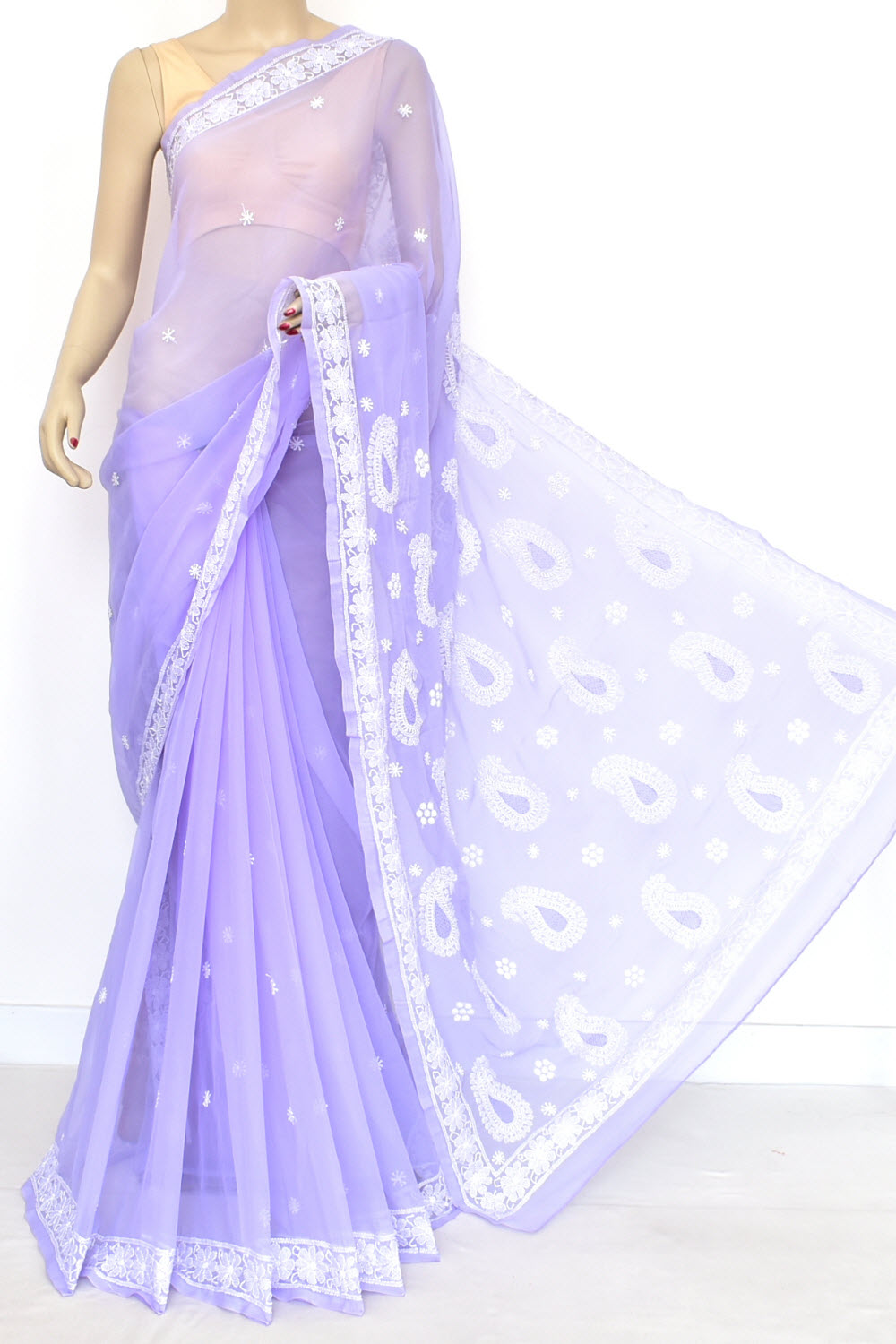 Lavender Hand-Embroidered Lucknowi Chikankari Georgette Saree with Blouse 15157