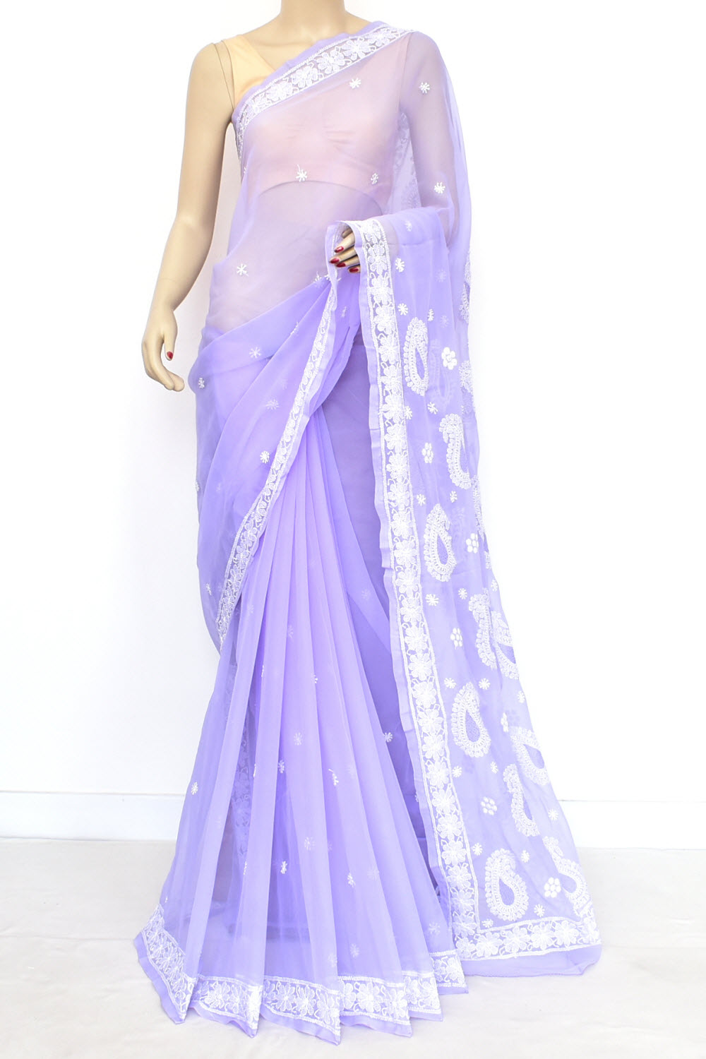Lavender Hand-Embroidered Lucknowi Chikankari Georgette Saree with Blouse 15157