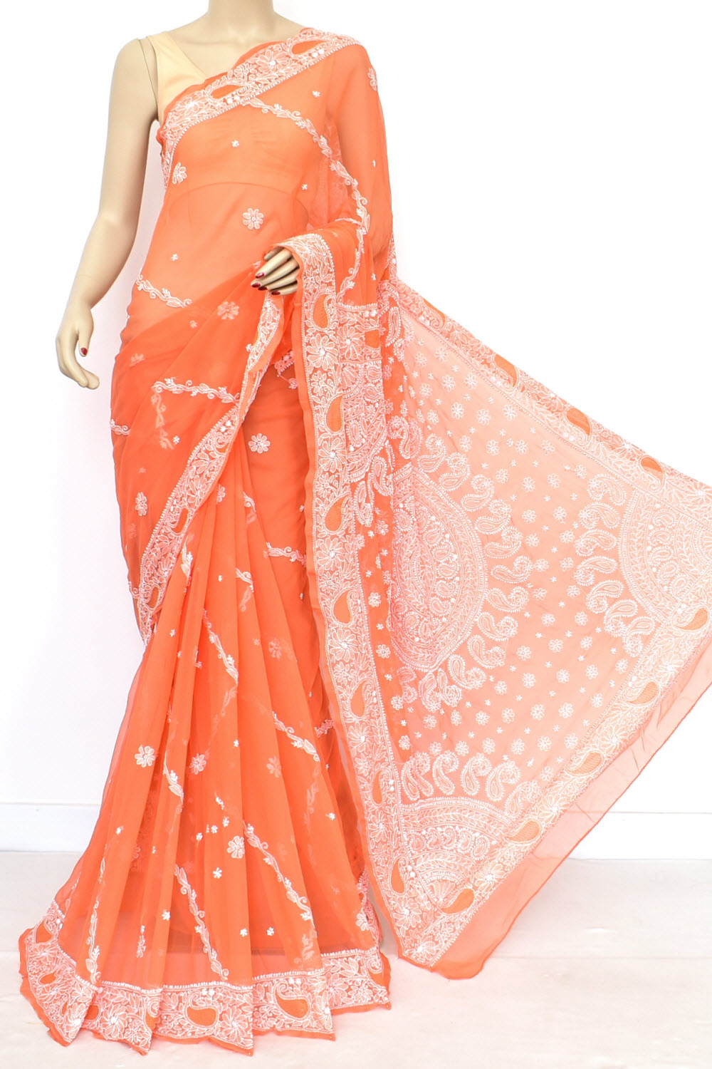 Light Orange Hand-Embroidered Lucknowi Chikankari Georgette Saree with Blouse Rich Pallu 15160
