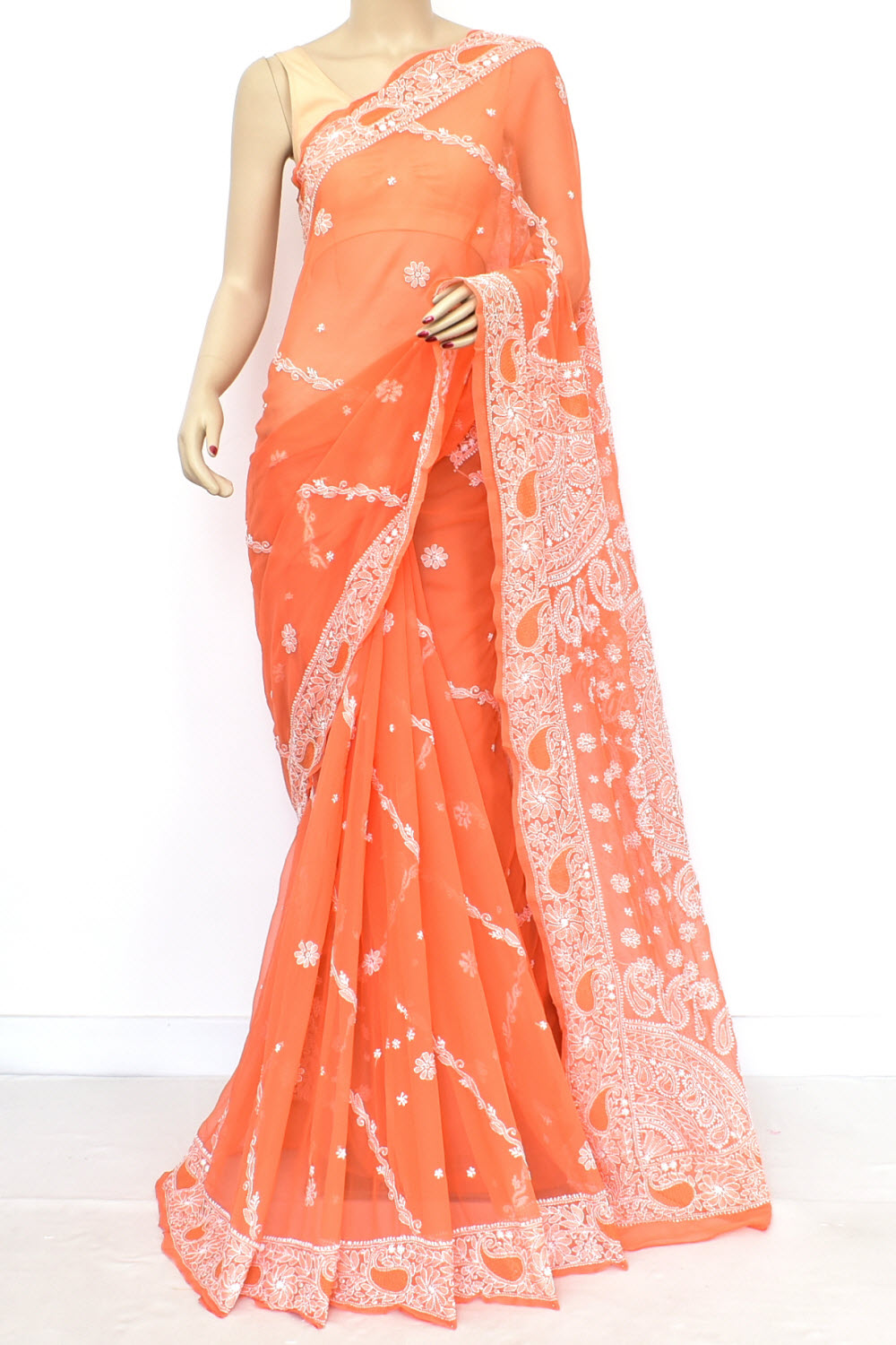 Light Orange Hand-Embroidered Lucknowi Chikankari Georgette Saree with Blouse Rich Pallu 15160