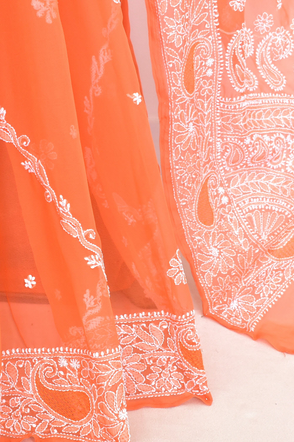Light Orange Hand-Embroidered Lucknowi Chikankari Georgette Saree with Blouse Rich Pallu 15160