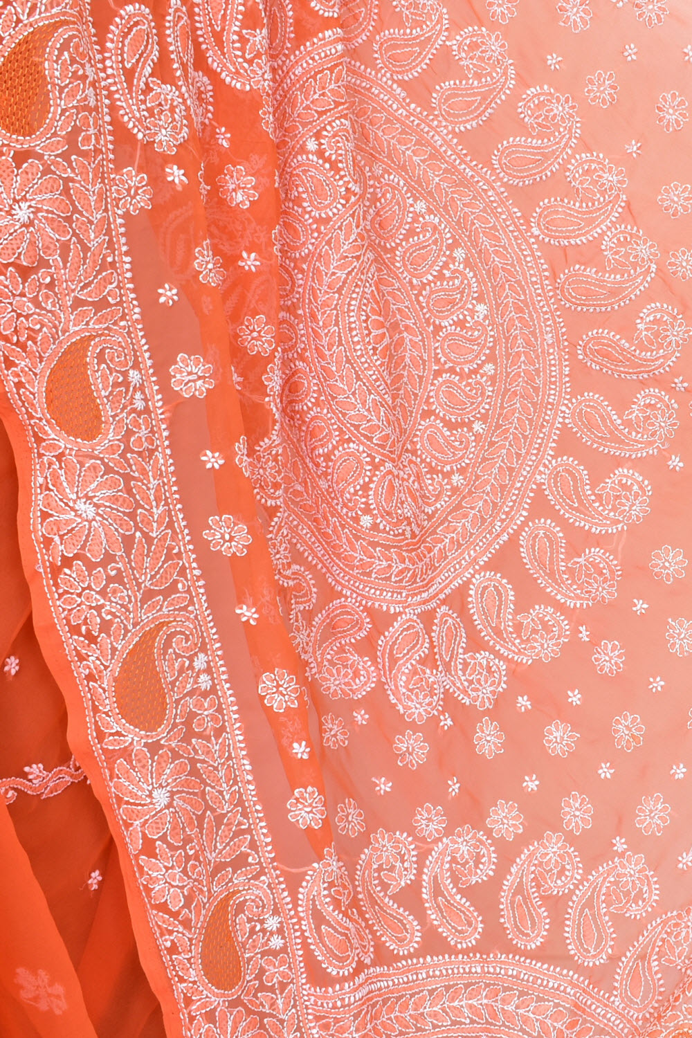 Light Orange Hand-Embroidered Lucknowi Chikankari Georgette Saree with Blouse Rich Pallu 15160
