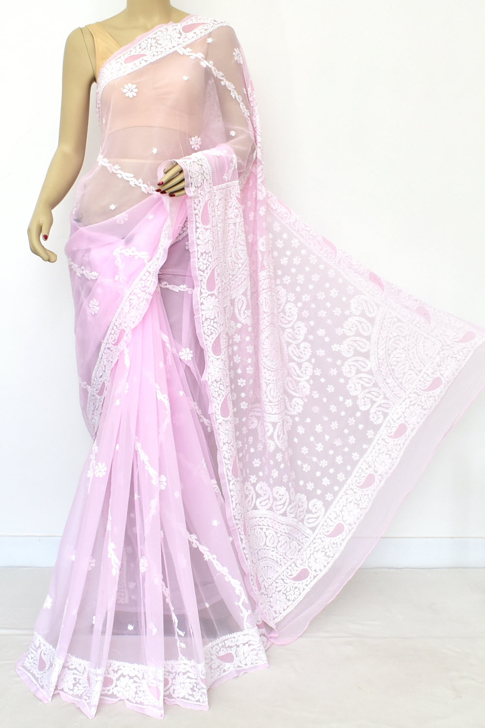 Baby Pink Hand-Embroidered Lucknowi Chikankari Georgette Saree with Blouse Rich Pallu 15163