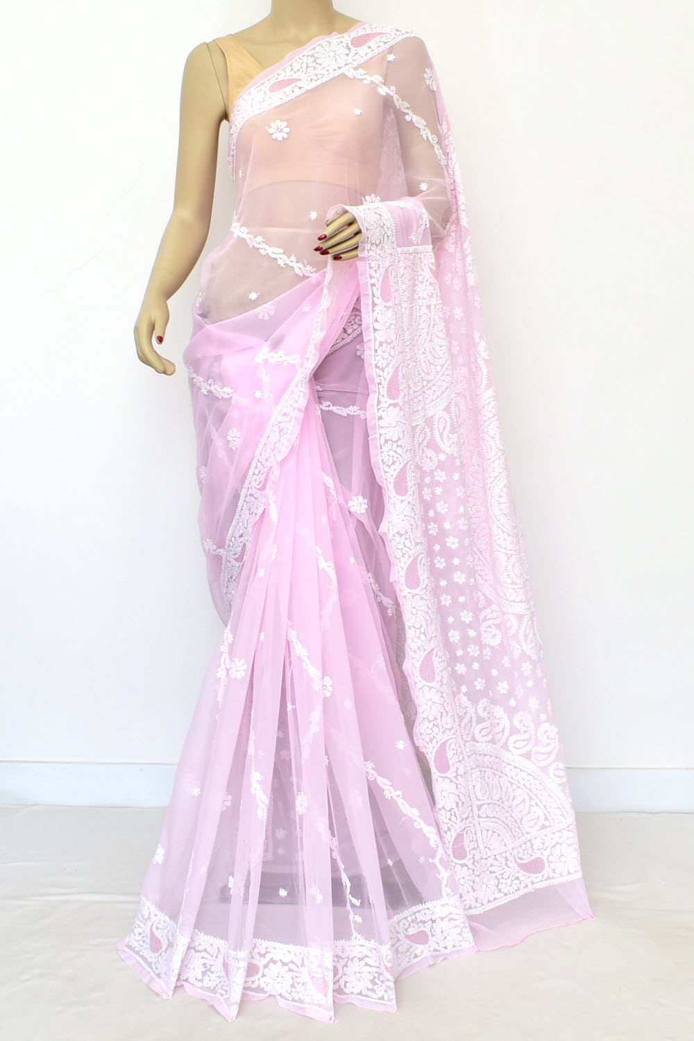 Baby Pink Hand-Embroidered Lucknowi Chikankari Georgette Saree with Blouse Rich Pallu 15163