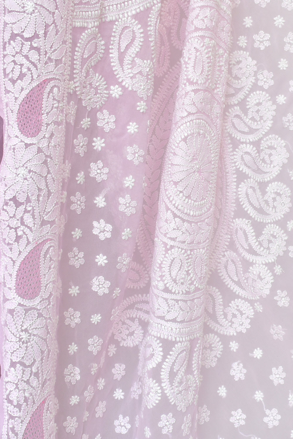 Baby Pink Hand-Embroidered Lucknowi Chikankari Georgette Saree with Blouse Rich Pallu 15163