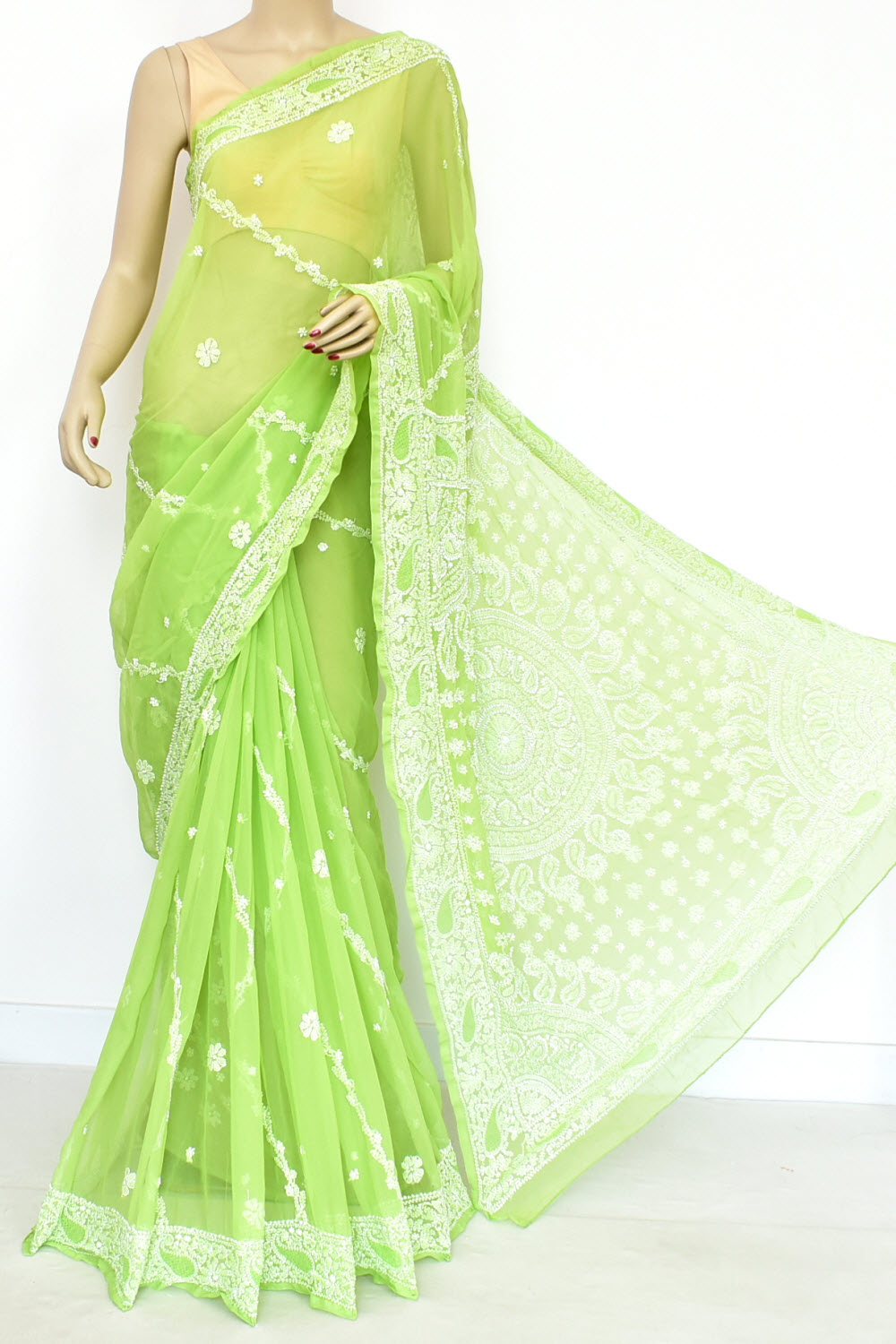 Pista Green Hand-Embroidered Lucknowi Chikankari Georgette Saree with Blouse Rich Pallu 15164
