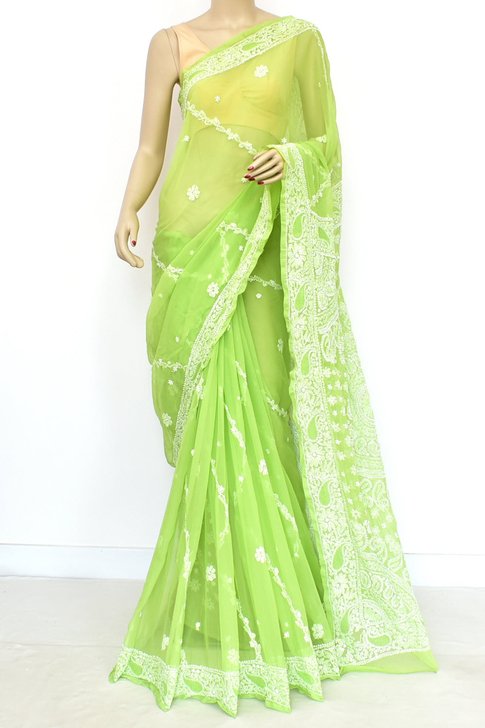Pista Green Hand-Embroidered Lucknowi Chikankari Georgette Saree with Blouse Rich Pallu 15164