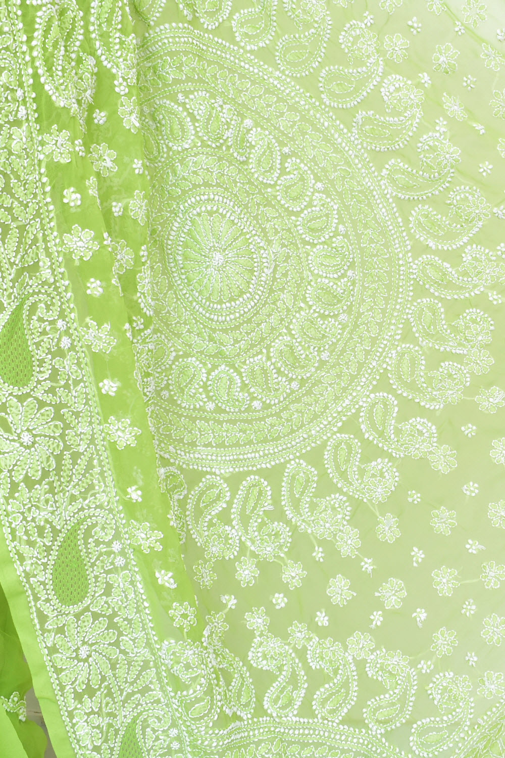 Pista Green Hand-Embroidered Lucknowi Chikankari Georgette Saree with Blouse Rich Pallu 15164